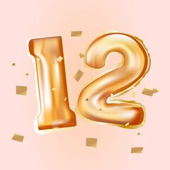 Wall Mural - Elegant gold celebration twelve years birthday baloons on pink background. Happy birthday, congratulations poster. Golden numbers with sparkling golden confetti. Flat cartoon vector illustration