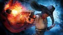 A Beautiful Cowboy Girl In A Pointed Hat Shoots Directly Into The Frame With Her Gun In A Super Dynamic Pose And Angle, Against The Background Of A Night Scene With A Full Moon And Wind 3d Rendering