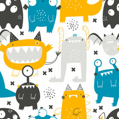 Wall Mural - Vector hand-drawn seamless childish pattern with cute funny monsters on a white background. Alien. Kids texture for fabric, wrapping, textile, wallpaper, apparel. Scandinavian design. Illustration.