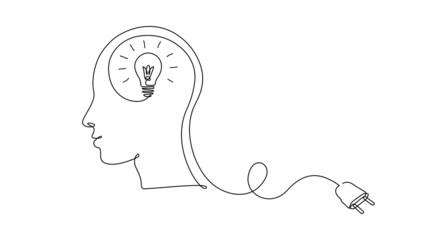 Wall Mural - Continuous one line drawing light bulb inside head with plug. Concept of creative idea, education and imagination in linear style. Doodle Vector illustration
