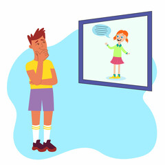 Flat character thinking boy for concept design. Guy looks at poster. Girl talks. Flat vector illustration. Isolated vector illustrations. Illustration of a teenage student thinking about himself