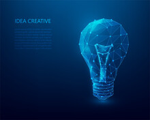 Innovation Technology Idea Creative Wireframe. Idea Light Bulb Wireframe Light Connection Structure On Blue Dark Background. Business Knowledge Thinking  Concept.  Vector Low Poly Style Design.