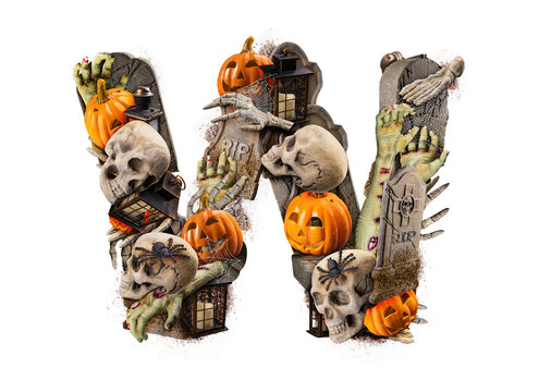 Letter W made of variety Halloween objects