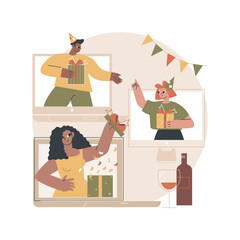 Poster - sharing gifts online abstract concept vector illustration. online celebration, unpacking present on 