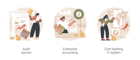 Poster - Business finance abstract concept vector illustration set. Audit service, enterprise accounting, core banking IT system, consulting company, financial transaction, clients deposit abstract metaphor.