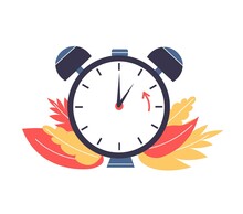 Daylight Saving Time Fall Back Concept. Clock With Autumn Leaves. Vector Flat Illustration