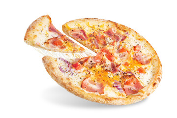 Fresh baked pizza carbonara on a white isolated background