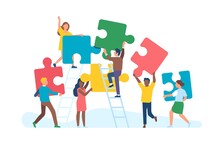 Tiny People With Puzzle. Men And Women Collect Large Color Puzzle Pieces, Office Teamwork, Work Optimization, Common Affair, Business Teambuilding, Vector Cartoon Flat Isolated Concept