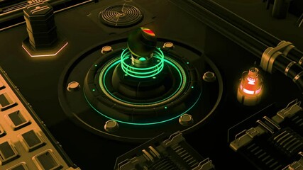 Poster - View inside of an alien space ship control panel details, dark abstract interior with neon lighting. Motion. Glowing lever of a speed switch surrounded by different buttons.