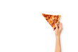 Slice of pepperoni pizza in hand isolated on white. Top view on paperoni pizza. Concept for italian food, street food, fast food, quick bite. Banner with copy space.