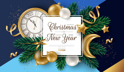 Wall Mural - Christmas background with gold baubles, fir tree branches, moon and clock face. Vector illustration. Square frame, place for text. Winter holiday template design for poster, flyer, brochure, voucher