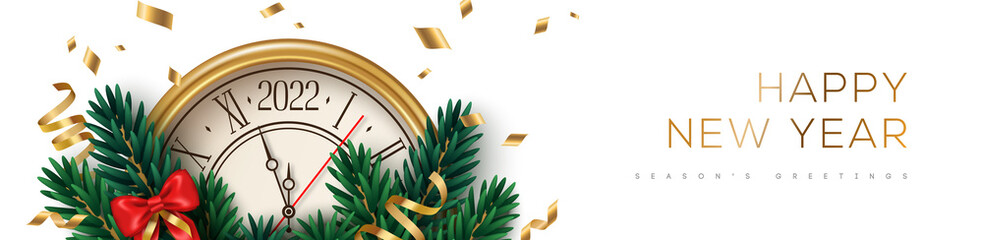 Wall Mural - Merry Christmas and Happy New Year 2022 Banner with Xmas Tree Branches and Golden Clock Face on White Background. Vector illustration. Winter holiday template design, header, poster, sale voucher