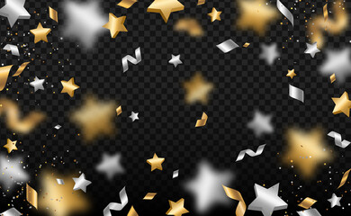 Wall Mural - Falling shiny silver gold confetti, stars and serpentine isolated on black background. Bright festive overlay effect with golden and gray tinsels falling down. Vector illustration.