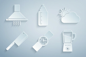 Sticker - Set Wrist watch, Sun and cloud weather, Meat chopper, Blender, Baby bottle and Kitchen extractor fan icon. Vector