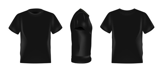 Black male t-shirt realistic mockup set from side, front and back view on white background, blank textile print design template for fashion apparel - vector illustration