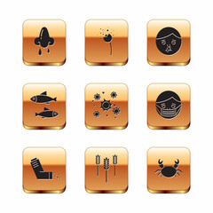 Poster - Set Runny nose, Inhaler, Wheat, Bacteria, Fish, Crab and Flower producing pollen icon. Vector