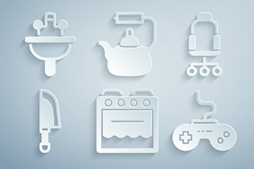 Canvas Print - Set Oven, Office chair, Knife, Gamepad, Kettle with handle and Washbasin icon. Vector