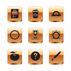 Sticker - Set Exam sheet with A plus grade, Apple, Speech bubbles Question, Award cup, Clock, Protractor grid, Paint brush and Coffee go icon. Vector