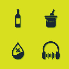 Wall Mural - set bottle of wine, headphone and sound waves, water drop percentage and bucket icon. vector