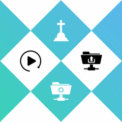 Sticker - Set Video play button, FTP sync refresh, Tombstone with cross and folder upload icon. Vector