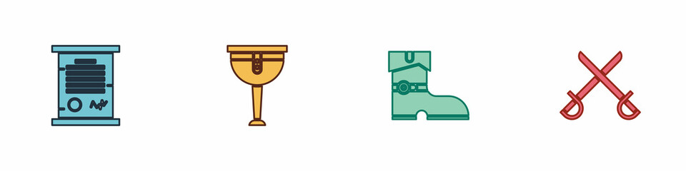 Sticker - Set Decree, parchment, scroll, Wooden pirate leg, Leather boots and Crossed swords icon. Vector