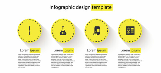 Sticker - Set Medical saw, Test tube and flask, Medicine bottle pills and X-ray shots. Business infographic template. Vector