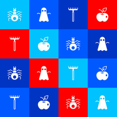 Sticker - Set Spider, Ghost, Garden rake and Apple icon. Vector