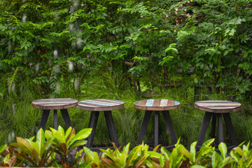 Wall Mural - Vintage four wooden round chairs and green nature for a seat in green nature in warm weather during the day light.