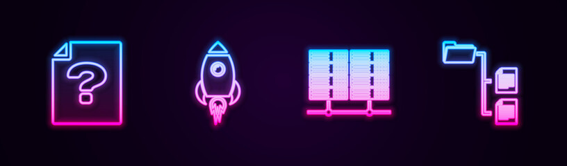 Poster - set line unknown document, rocket ship with fire, server, data, web hosting and folder tree. glowing