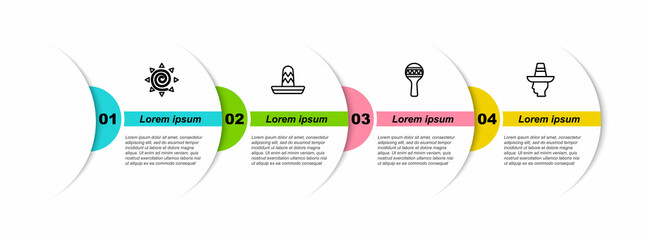 Set line Sun, Mexican sombrero, Maracas and man. Business infographic template. Vector