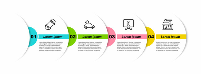 Poster - Set line Skateboard, Radio controlled car toy, Smart Tv and Drum with drum sticks. Business infographic template. Vector