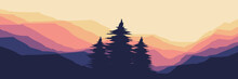 Landscape Mountain With Pine Tree Vector Illustration For Banner, Web Banner, Game Background, Wallpaper, Background Template, And Backdrop Design	
