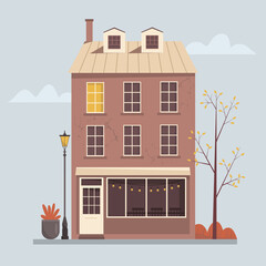 Historical old brick building cafe facade vector