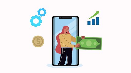 Wall Mural - young woman with dollar in smartphone