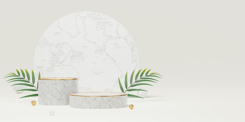 Wall Mural - Empty white marble cylinder podium with palm leaves, gold ball, arch circle, copy space background. Abstract pastel minimal studio geometric shape. Mockup space display of product design. 3d render.
