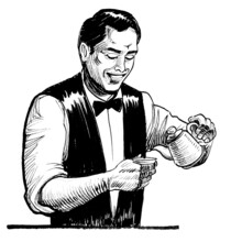 Working Bartender Making Cup Of Tea. Ink Black And White Drawing