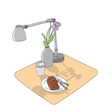 Bread And Takeaway Coffee With Lamp And Bottle Of Plants On Table Iillustration Vector Isolated On White Background