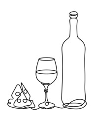 Drawing line bottle of champagne or wine on the white background. Vector