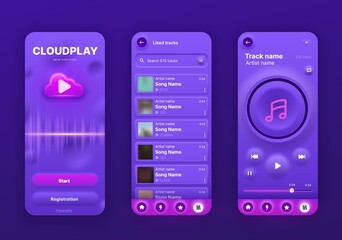 Leinwandbilder - Neomorphic music player interface, UI app screen, vector mobile phone playlist application. Neomorphic music player audio media buttons temples with song playlist menu and album cover, neomorphism UX
