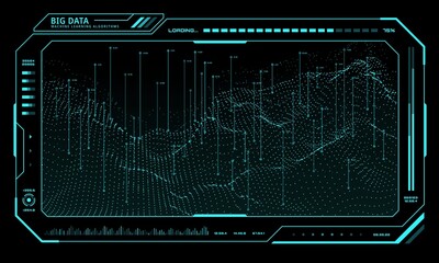 Leinwandbilder - Big Data technology network, futuristic UI HUD on digital display, vector. Screen monitor interface background. Big Data analysis and future HUD infographic line waves and analytics flow chart graph