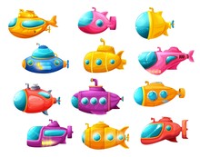 Cartoon Isolated Underwater Sea Submarines With Periscope. Vector Deep-sea Subs For Water Transportation. Game Elements For Kids, Marine Vehicles Isolated On White Background