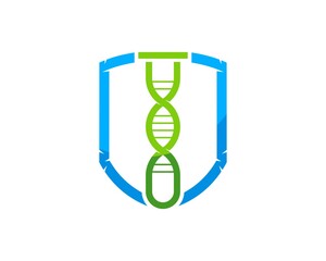 Sticker - Abstract shield with laboratory bottle and DNA symbol