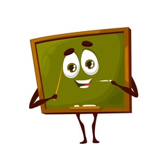 Wall Mural - Cartoon school board cute character. School green chalkboard funny mascot with happy smiling face, chalk and teachers pointer, classroom wooden blackboard vector comic character