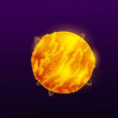 Poster - Flaming sphere, burning planet ball, hot globe in fire sparkles isolated cartoon far aliens world. Vector planet with volcano lava magma ui gui game users object. Round comet meteoroid, magic sphere