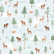 Wild animals in winter forest. Snowfall scene. Moose, deer, fox in the natural environment. Abstract mountains, snowdrifts, pine trees. Vector wildlife illustration, seamless pattern with woodland.
