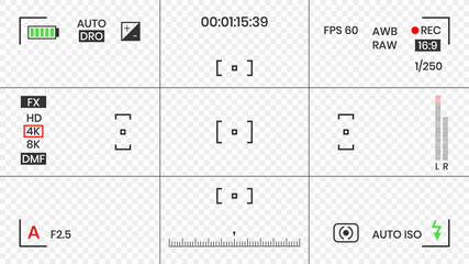 Sticker - Camera viewfinder video or photo frame recorder flat style design vector illustration. Digital camera viewfinder with exposure settings and focusing grid template.