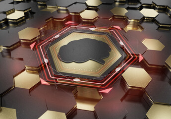 Aufkleber - Brain icon concept engraved on gold hexagonal pedestral background. Artificial intelligence symbol glowing on abstract digital surface. 3d rendering