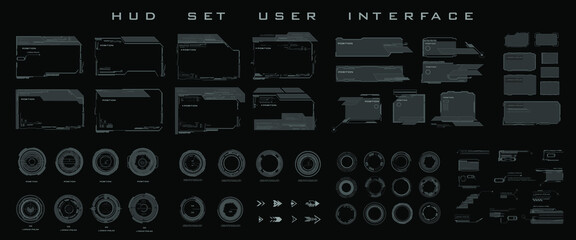 Big set frames, dialog boxes, targets, futuristic elements for navigating the game interface. Set futuristic HUD frames and titles, UI UX for HUD UI or video game elements