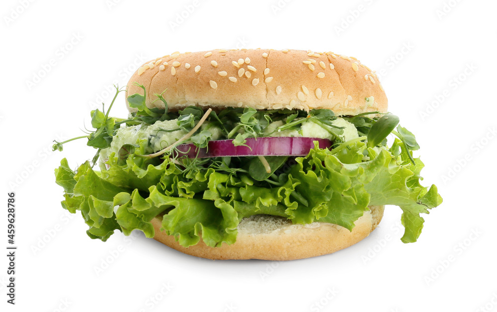 Tasty vegetarian burger on white background