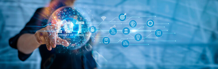 Aufkleber - .Internet of thing develop smart solution to people life. Businessman point at virtual IOT network connecting service with graphical icons in science, business marketing, innovation industry